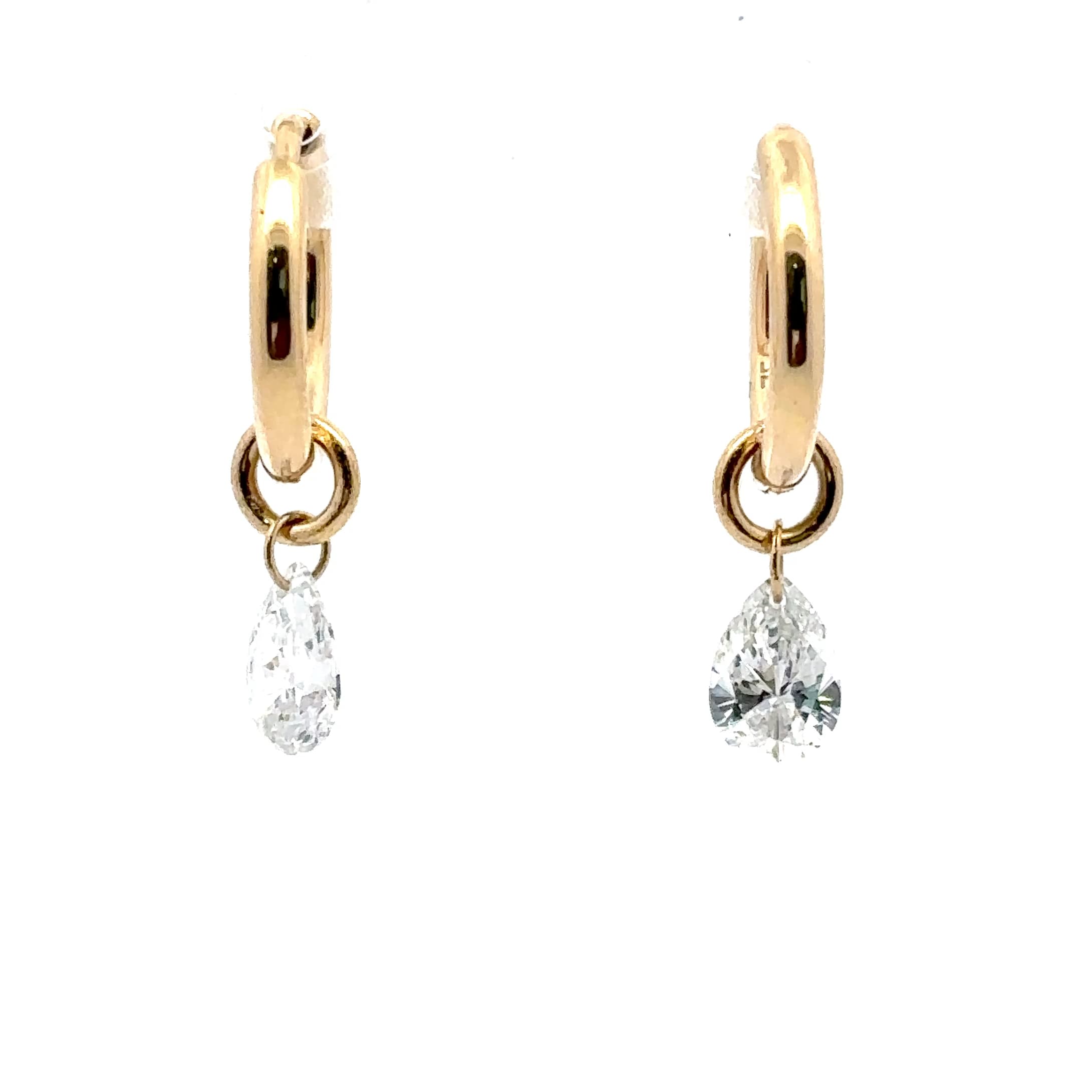 Yellow Gold Hoop Earrings with Pear Cut Diamond Dangle 2