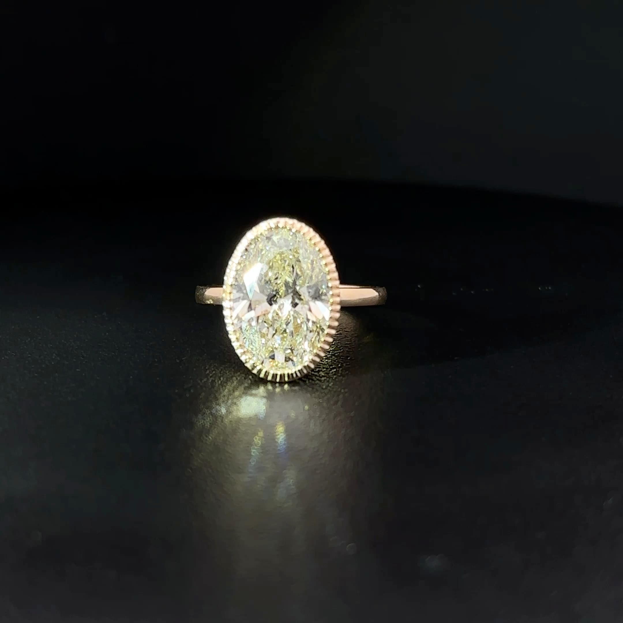 Oval Brilliant Yellow Diamond Milgrain Bezel Rose Gold Solitaire Ring 2