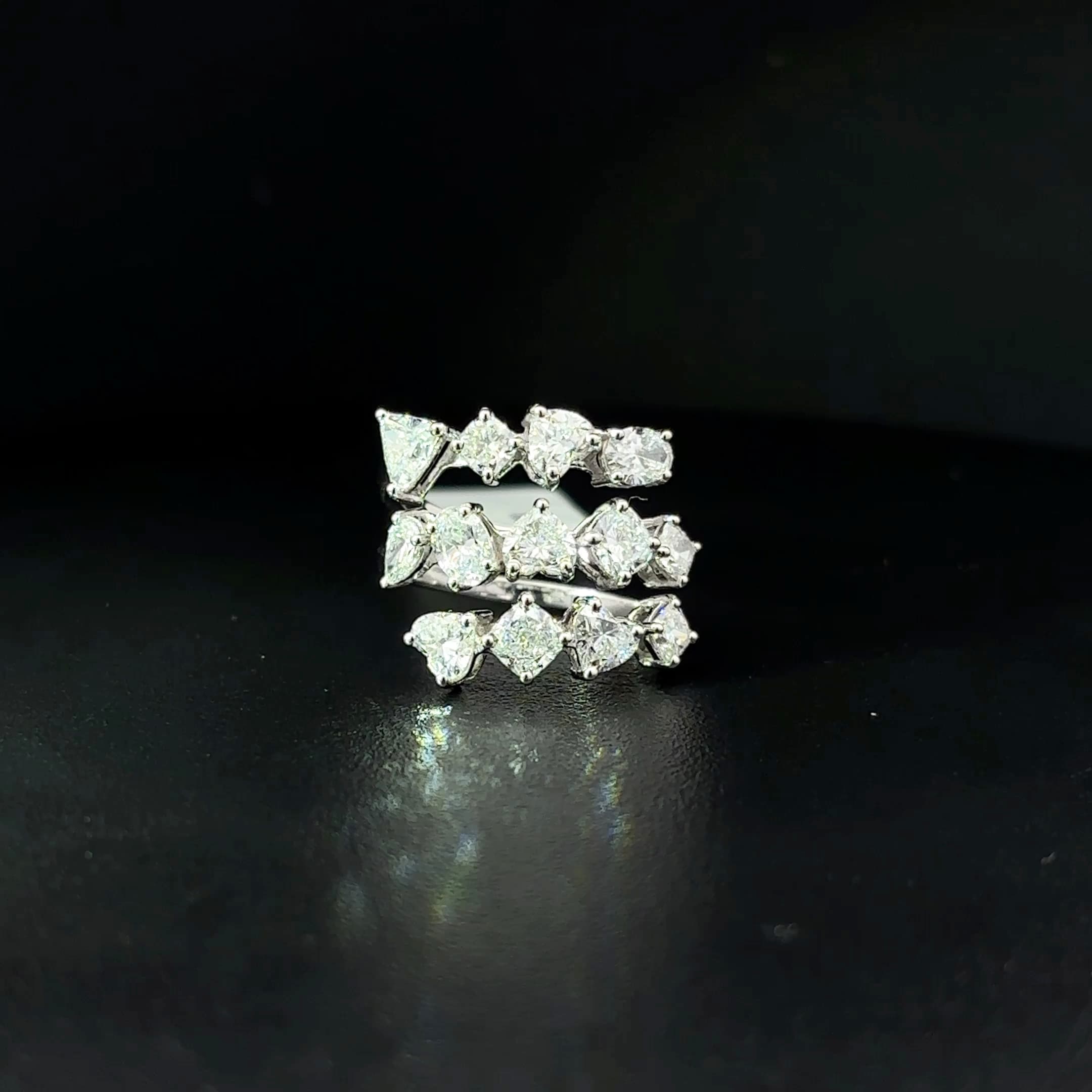 Fancy Multi-Cut Diamond Triple-Row Cocktail Ring in White Gold 2