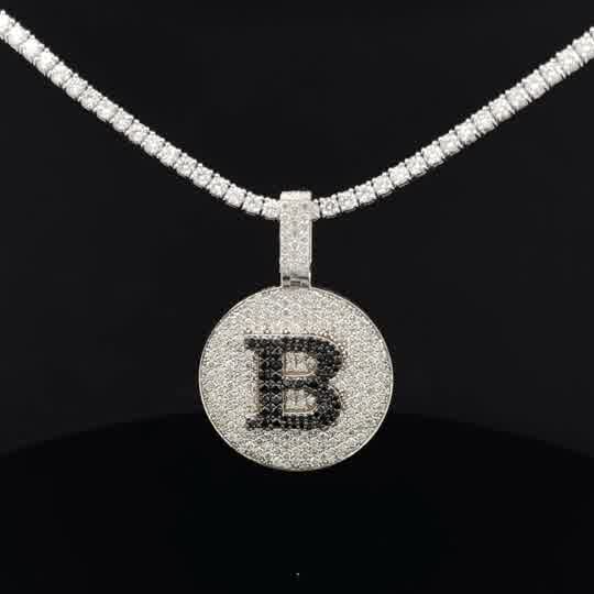 White Gold Black and White Diamond Initial 'B' Medallion Tennis Necklace
