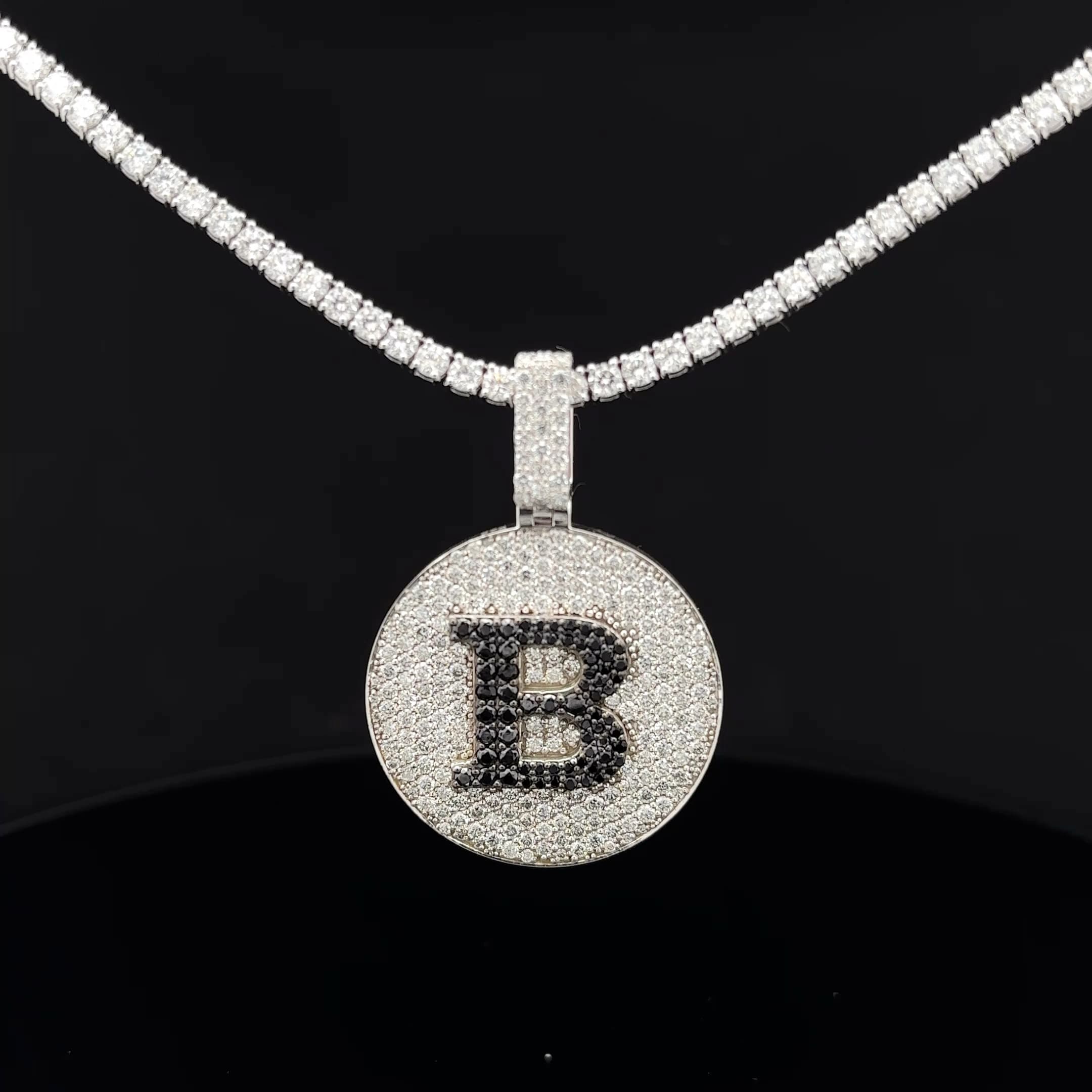 White Gold Black and White Diamond Initial 'B' Medallion Tennis Necklace 2