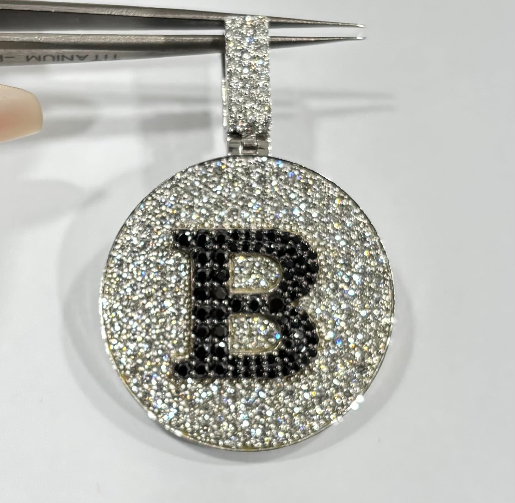 White Gold Black and White Diamond Initial 'B' Medallion Tennis Necklace 3
