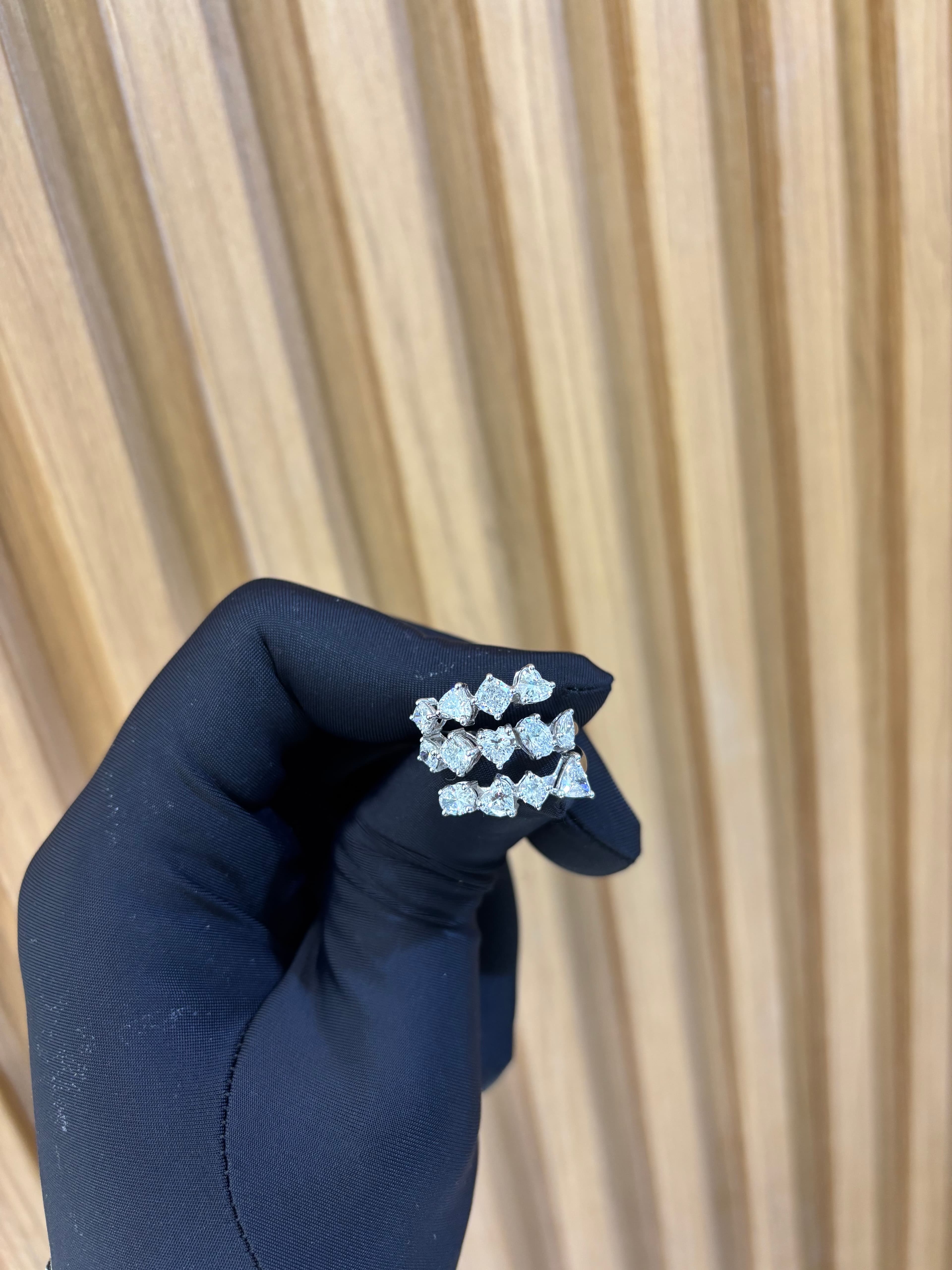 Fancy Multi-Cut Diamond Triple-Row Cocktail Ring in White Gold 3