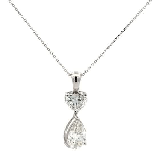 White Gold Heart and Pear Cut Brilliant Diamond Drop Necklace