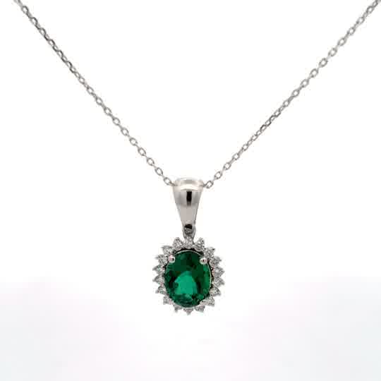 Oval Emerald Halo Pendant Necklace in White Gold