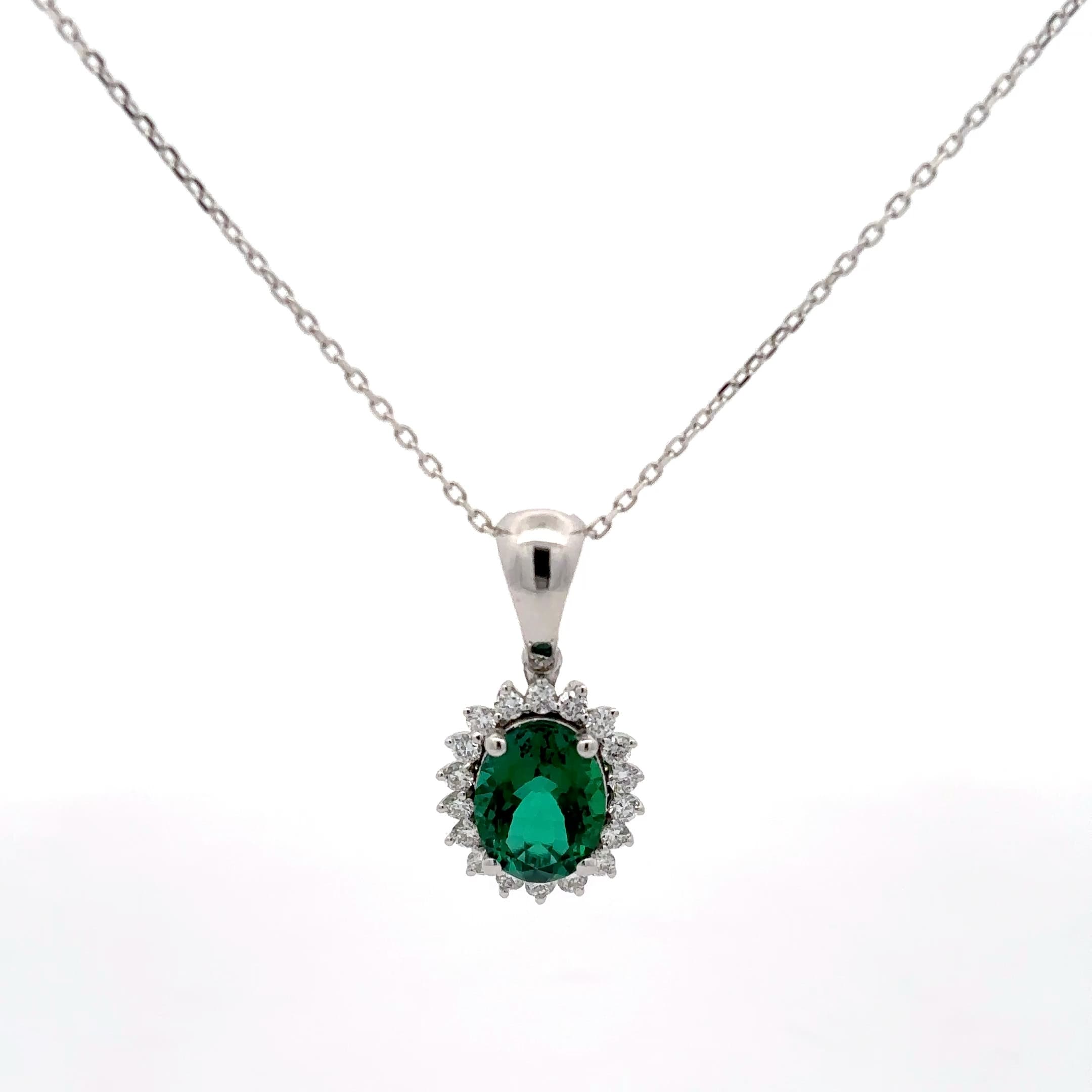 Oval Emerald Halo Pendant Necklace in White Gold 2