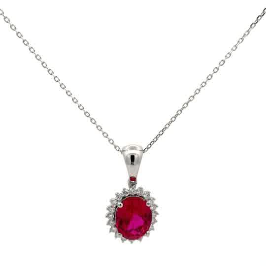 Oval Ruby Halo Pendant Necklace in White Gold