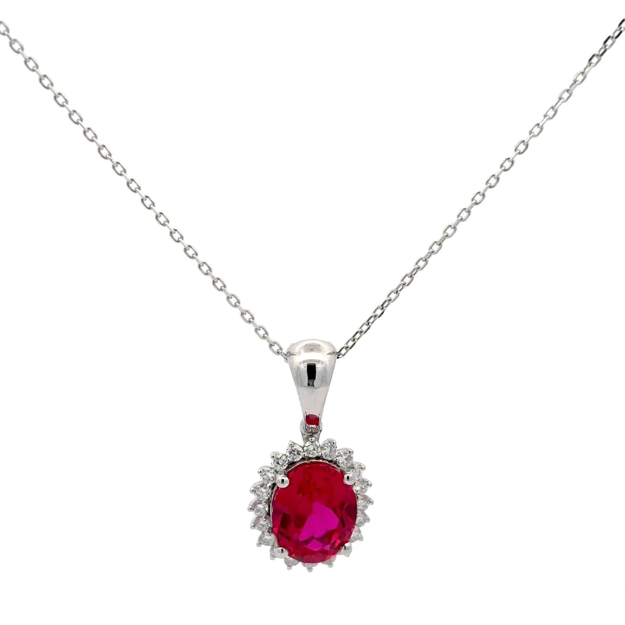 Oval Ruby Halo Pendant Necklace in White Gold 2