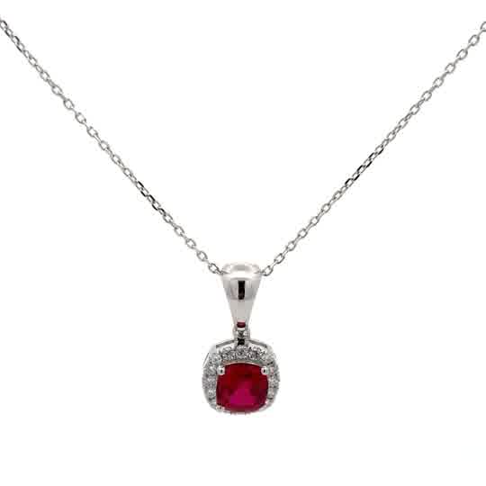 Ruby Halo Pendant Necklace in White Gold