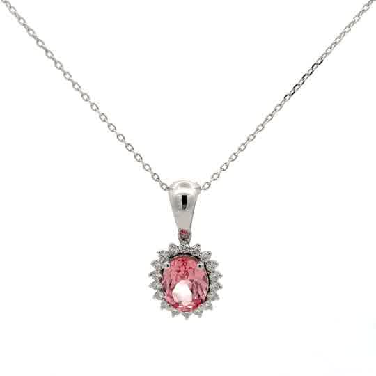 Oval Morganite Halo Pendant Necklace in White Gold