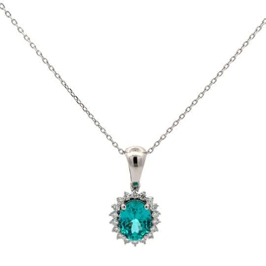 Oval Paraiba Tourmaline Halo Pendant in White Gold