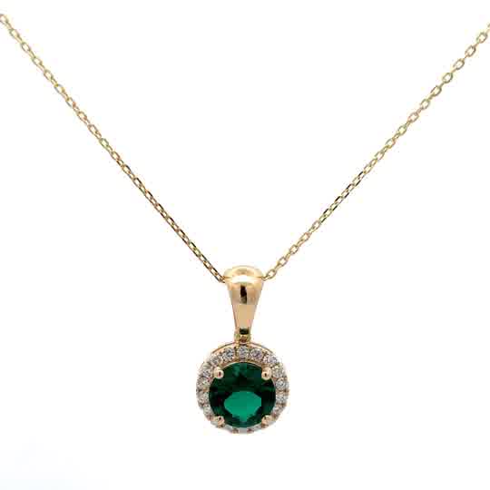 Round Emerald Halo Pendant Necklace in Yellow Gold