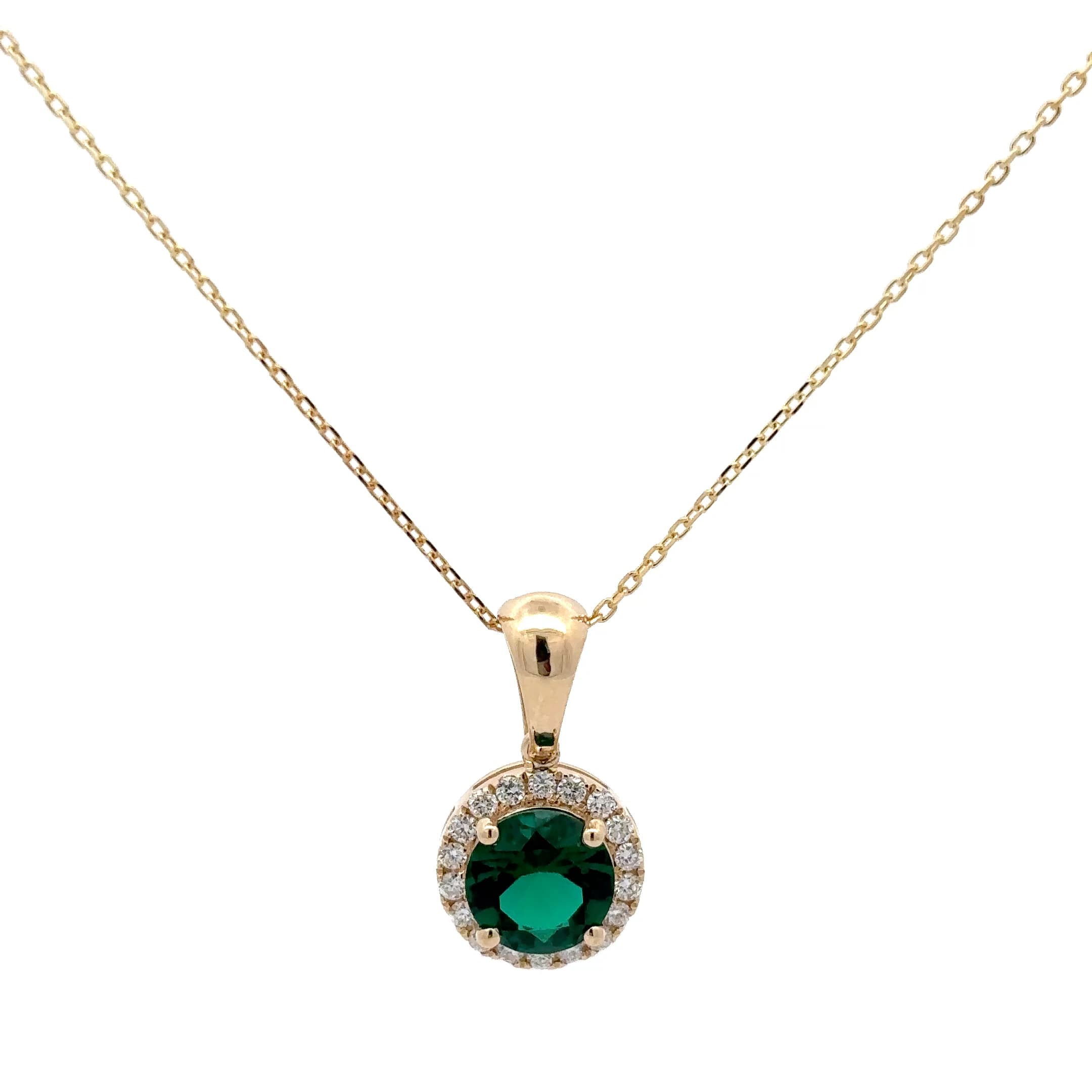 Round Emerald Halo Pendant Necklace in Yellow Gold 2