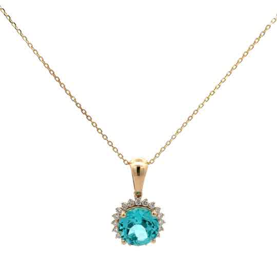 Round Paraiba Tourmaline Halo Pendant in Yellow Gold