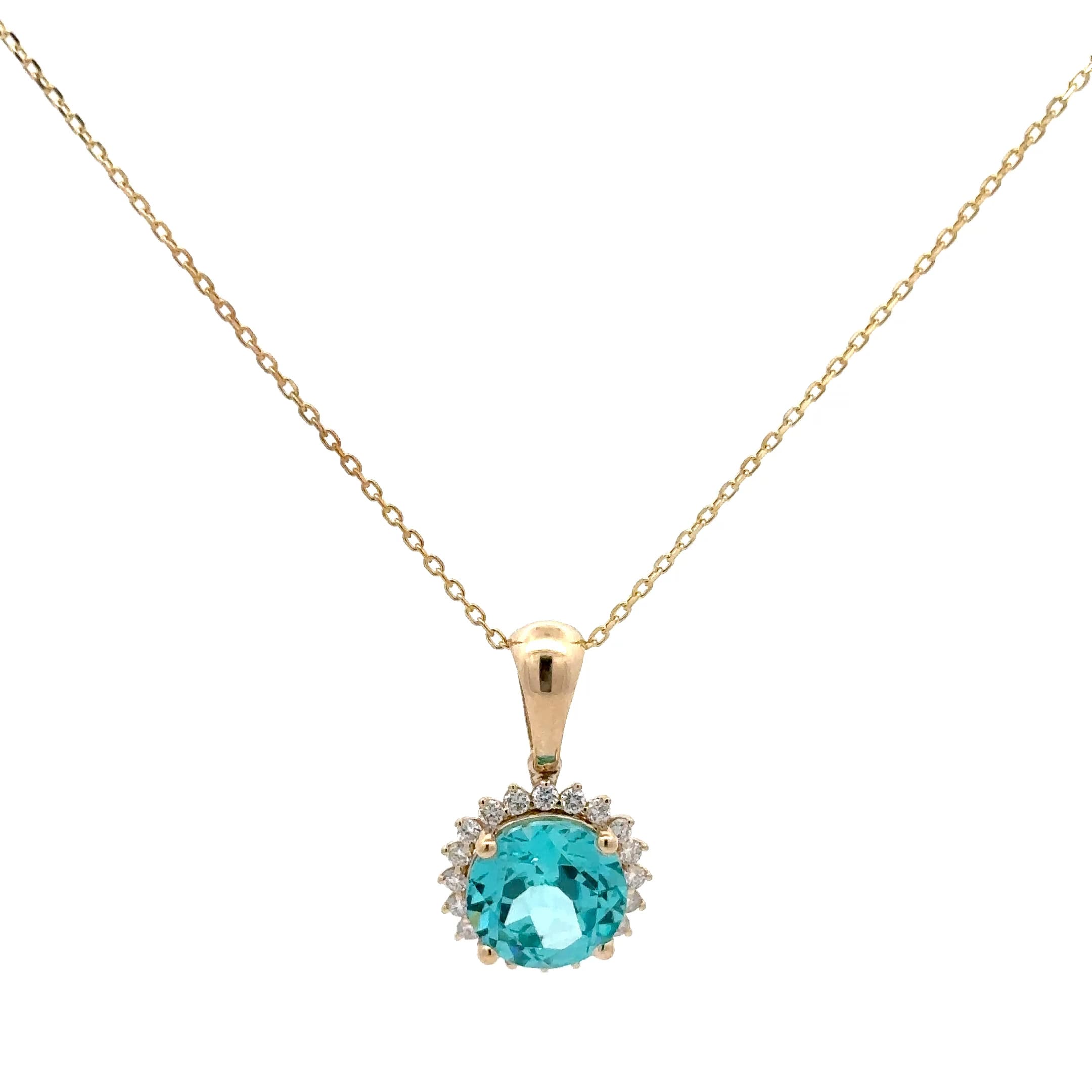 Round Paraiba Tourmaline Halo Pendant in Yellow Gold 2