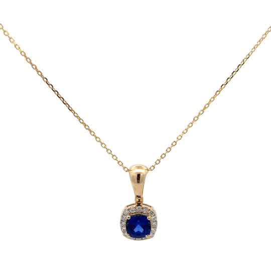 Cushion-Cut Sapphire Halo Pendant in Yellow Gold. 1.44g