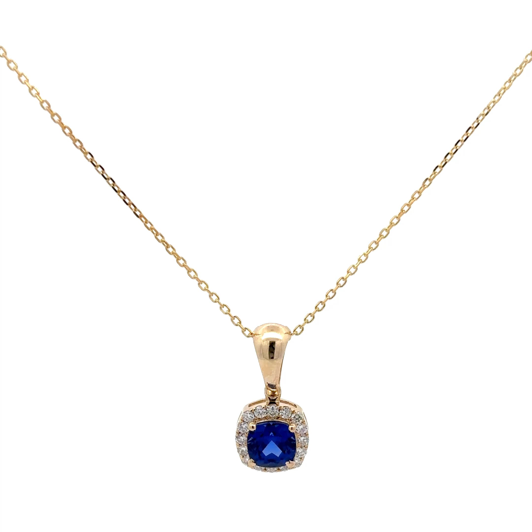 Cushion-Cut Sapphire Halo Pendant in Yellow Gold. 1.44g 2
