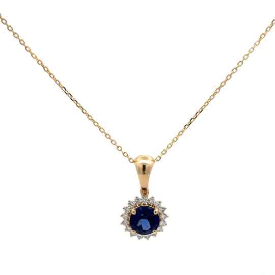 Round Sapphire Halo Pendant Necklace in Yellow Gold