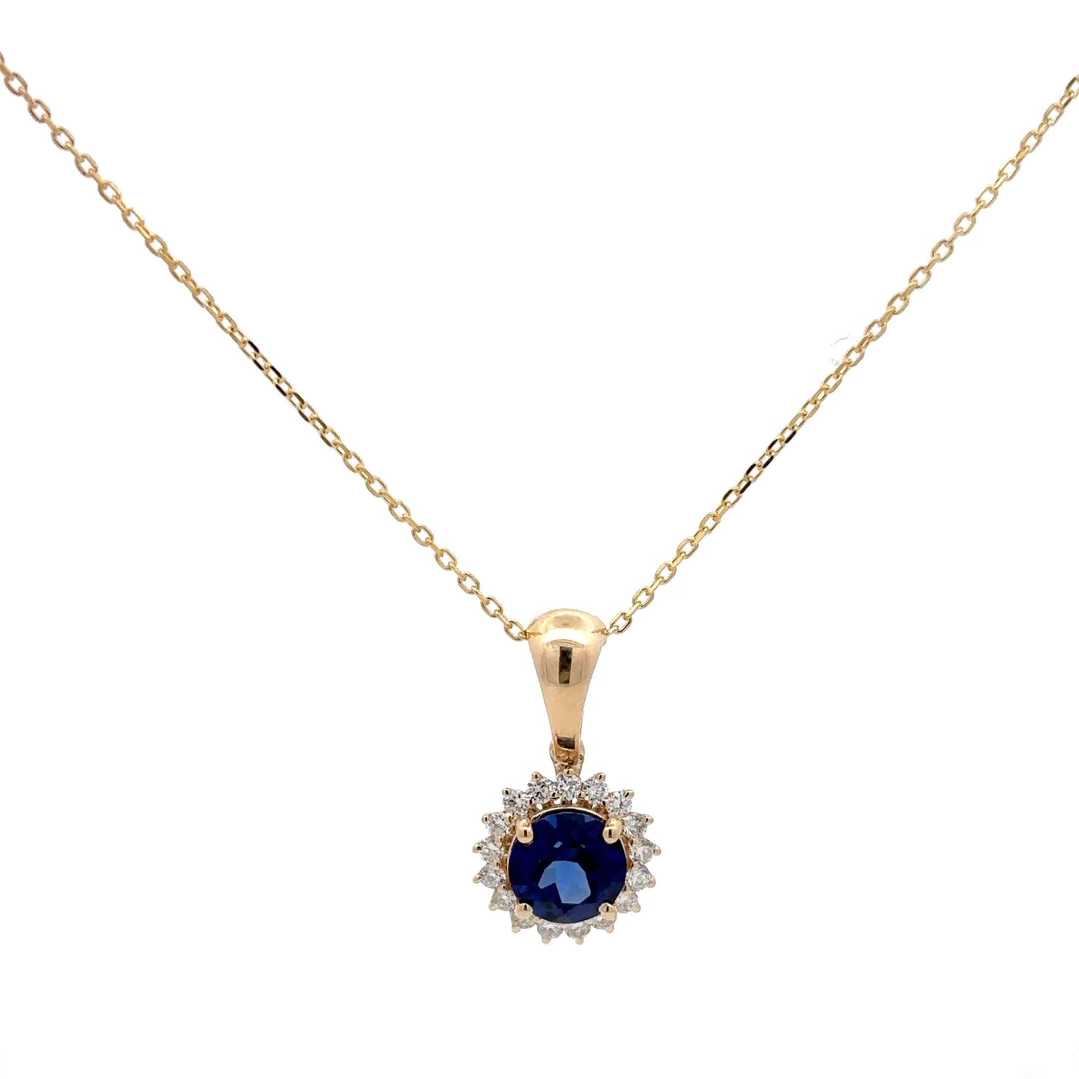 Round Sapphire Halo Pendant Necklace in Yellow Gold 2