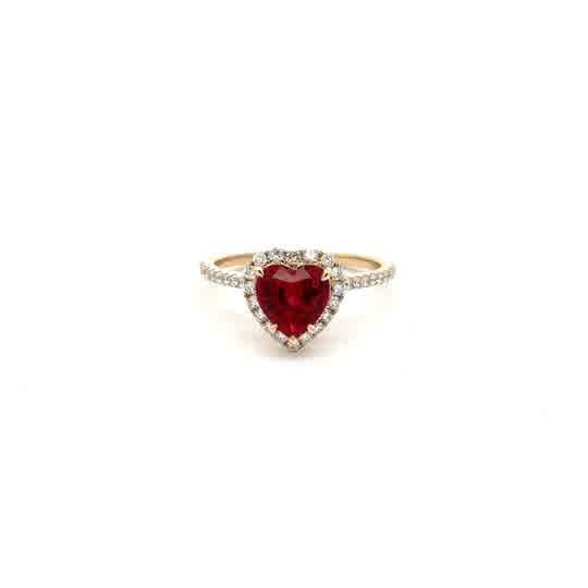 Heart-Shaped Ruby Halo Ring in Yellow Gold