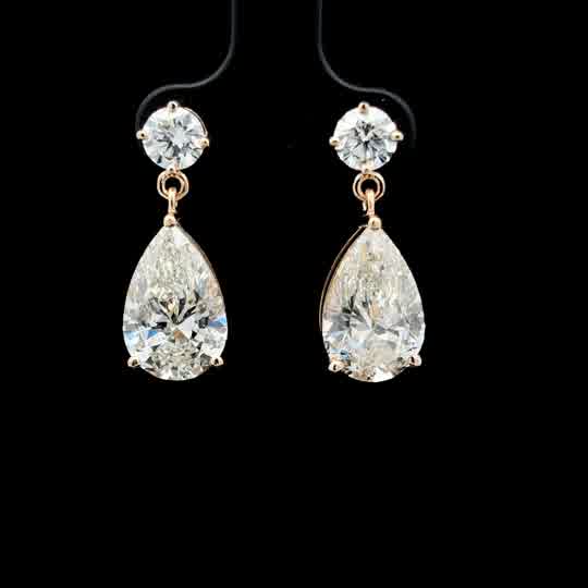 Pear and Round Diamond Drop Earrings in Yellow Gold