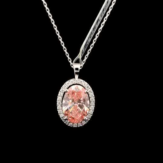 Oval Fancy Intense Pink Diamond Halo Necklace — White Gold