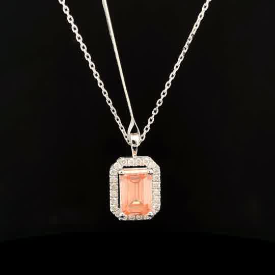 Emerald-Cut Morganite Halo Pendant Necklace in White Gold