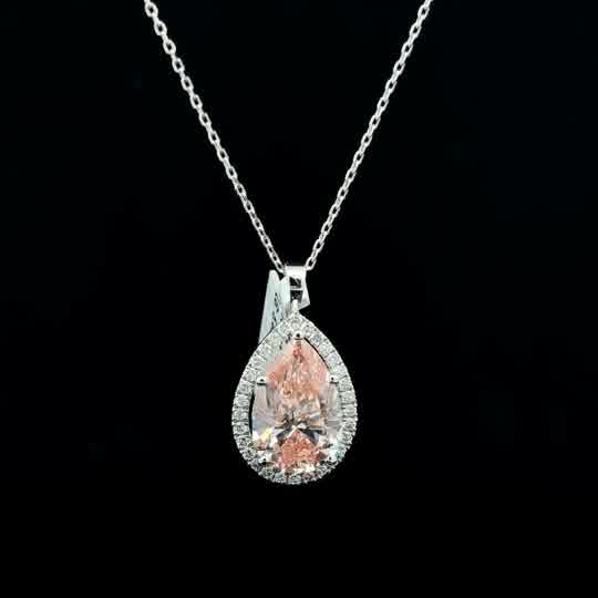 Pear-Cut Fancy Pink Diamond Halo Pendant in White Gold