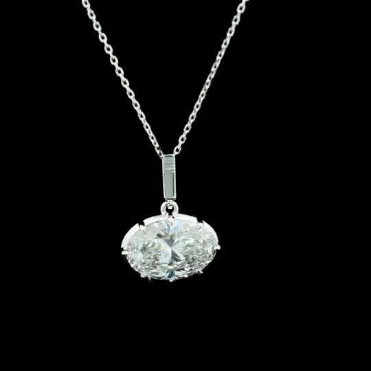 East-West Oval Diamond Solitaire Pendant Necklace in White Gold