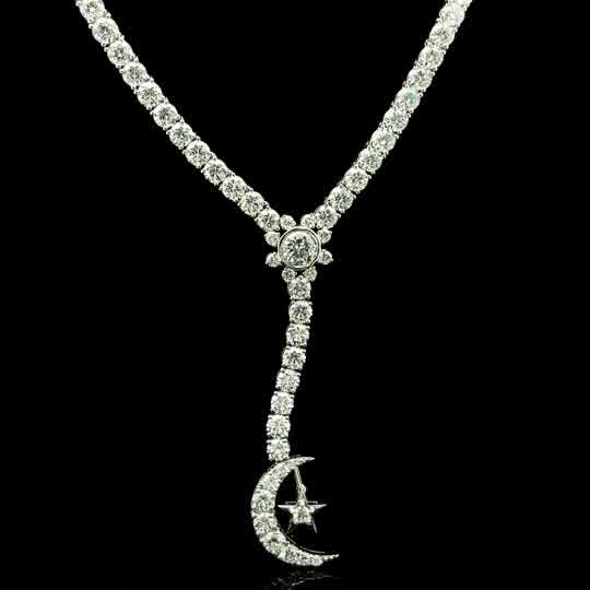 White Gold Diamond Crescent Moon and Star Drop Necklace