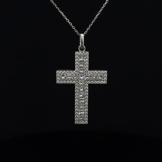 Diamond Encrusted Princess cut Cross Pendant Necklace in White Gold ND wt.-3.03crt